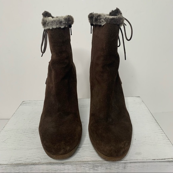 Stuart Weitzman Brown Suede Faux Fur Trim Lace Up Zip Up Ankle Boots - Picture 6 of 16